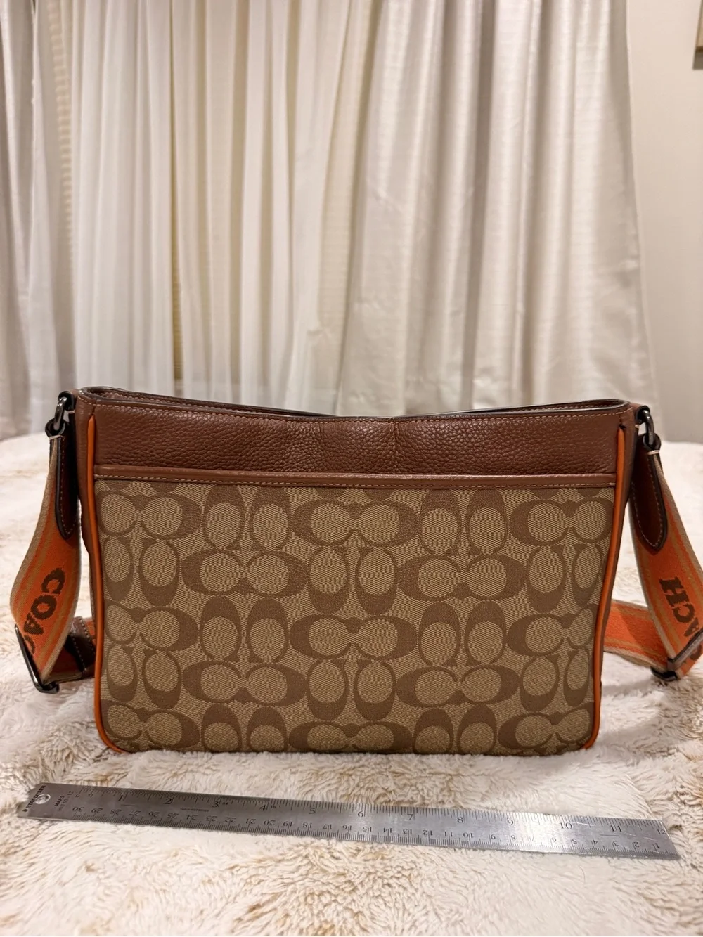 COACH Signature Jacquard Crossbody Bag Brown Tan Orange Logo Strap